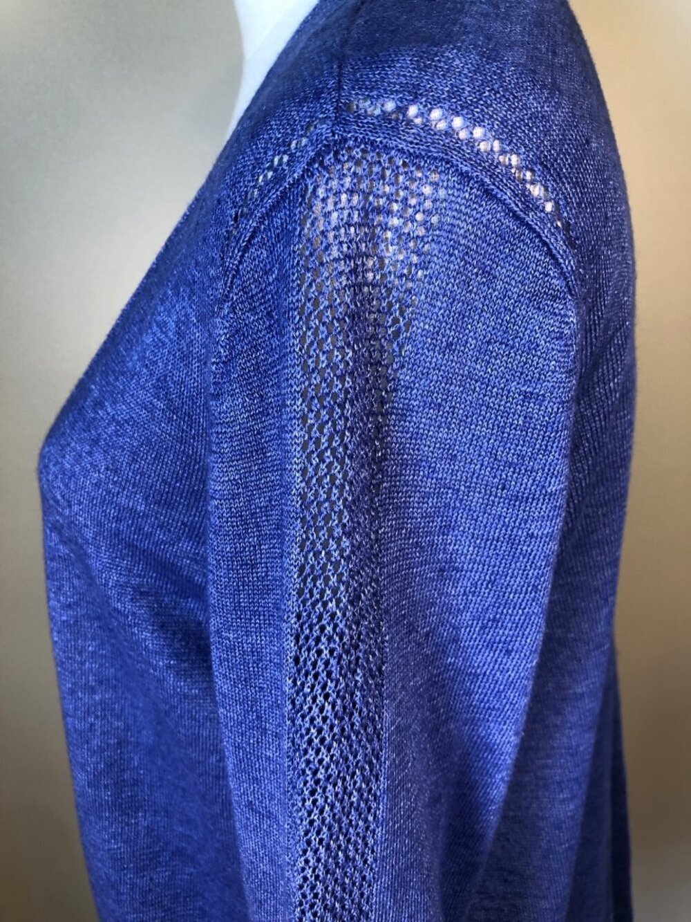 Talbots Open Front Linen Blue Cardigan w/ Lace Knit Detail Beach Coastal Sz SP - Picture 2 of 7